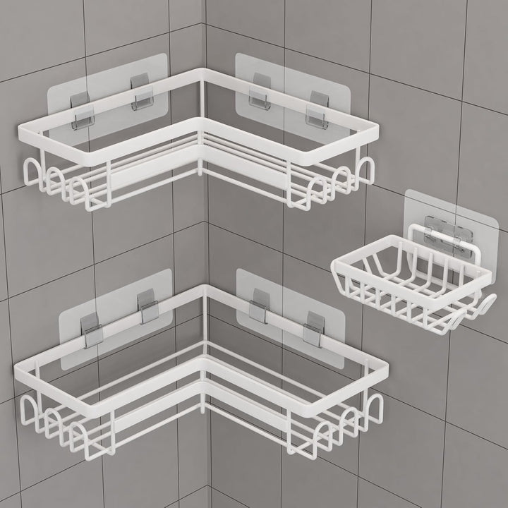 3 Stück Duschregal ohne bohren, Duschregal Ecke mit Haken, badezimmer organizer, shampoo halterung f