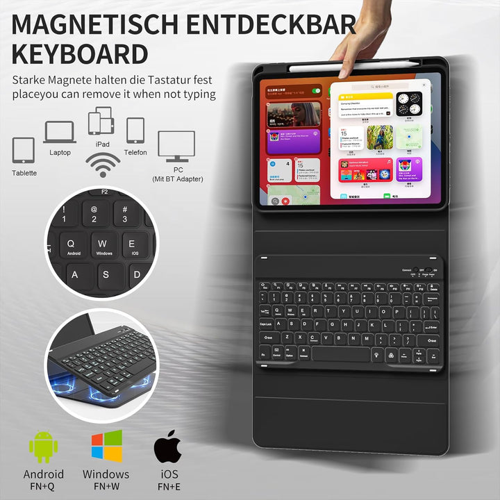 Hülle mit Tastatur für iPad A16 11/10 Generation (2025/2022, 11/10.9 Zoll) mit Stifthalter, Magnetis