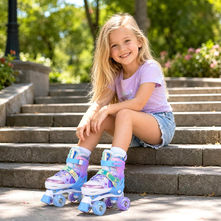 NEMONE Rollschuhe für Mädchen Kinder 4 Grössen Verstellbar Blau Violett Rollschuhe für Kinder Drinne