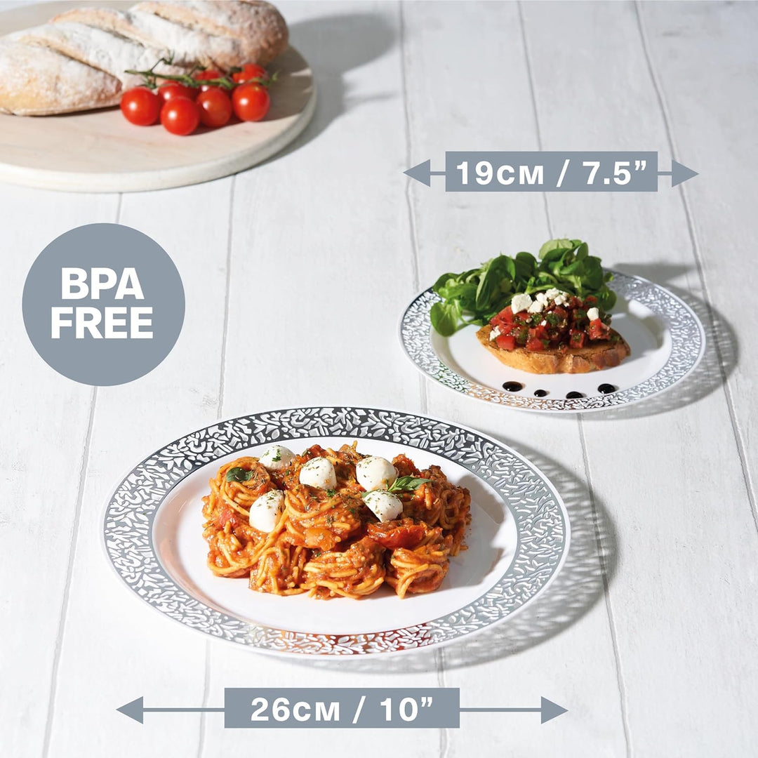 MATANA 40 Weisse Plastikteller mit Silbernem Rand für Hochzeiten, Geburtstage, Taufen, Weihnachten &