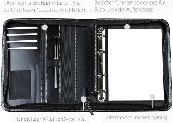 DELMON VARONE - Personalisierbare Ringbuch Schreibmappe DIN A5 aus Cambridge Top Grain Leder schwarz