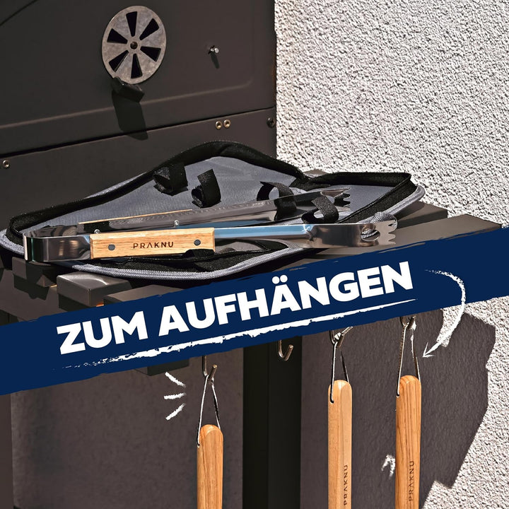 Praknu Grillbesteck Set mit Holzgriffen und Tragetasche - Hitzebeständig, Rostfrei und Robust - Gril
