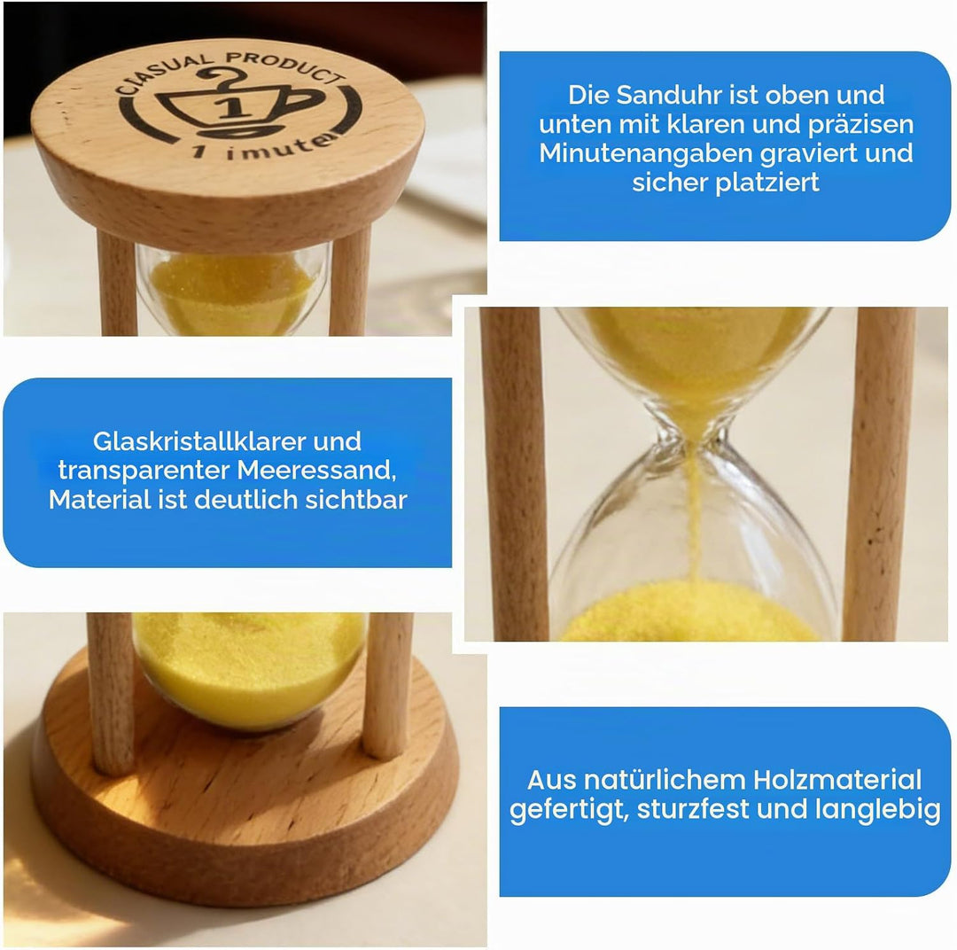 6 Stück Sanduhr Timer Set, Sanduhren 30s/1/2/3/5/10 Minuten, Holz Sanduhr Klein Klassenzimmer, Zeitm