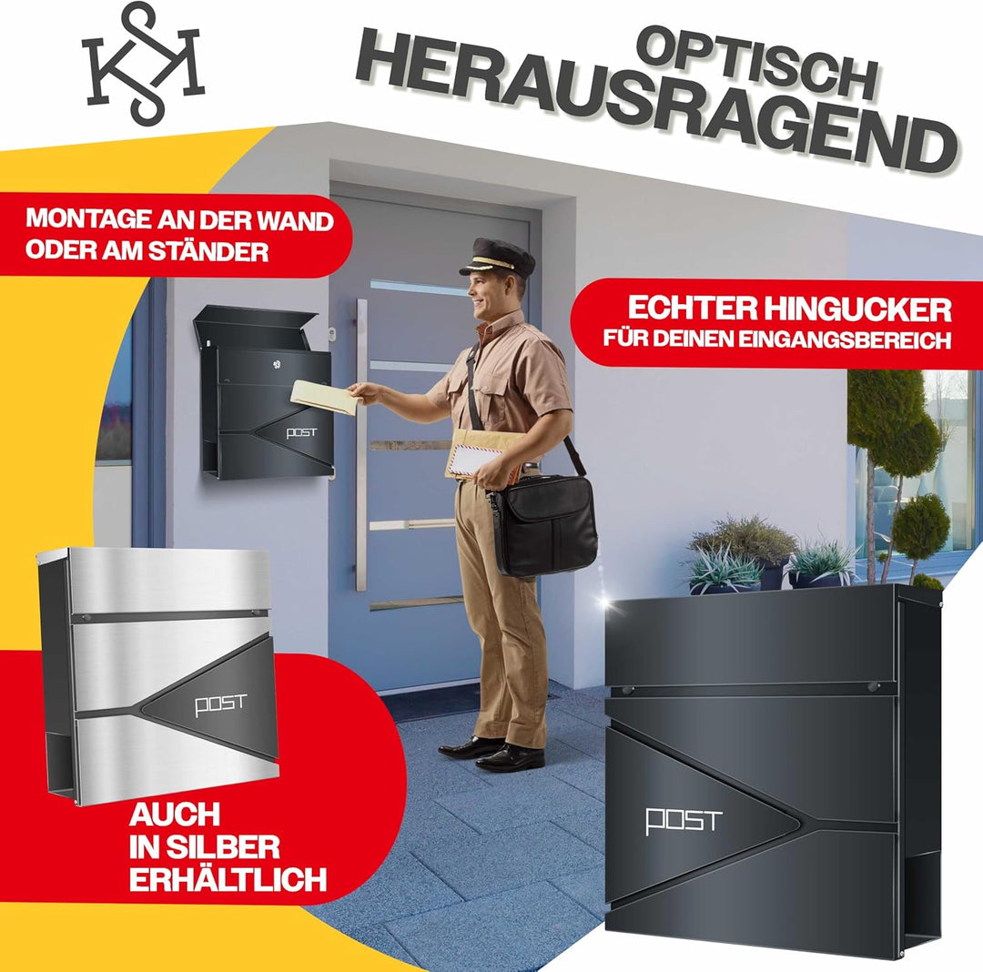 KESSER® Briefkasten mit Zeitungsfach Wandmontage Wandbriefkasten Edelstahl, 2X Schlüssel abschliessb