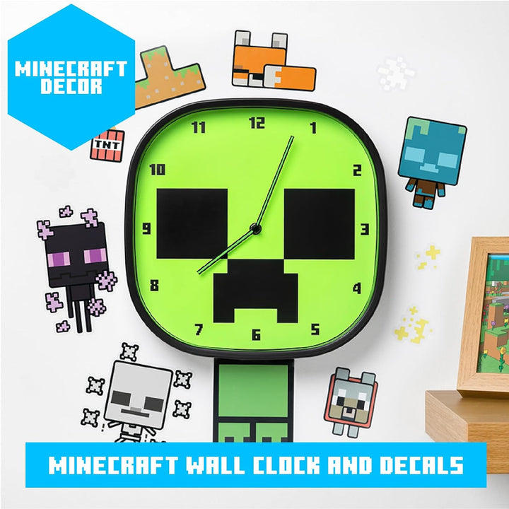 Paladone Minecraft Creeper Leuchtende Wanduhr - Leise, Nicht Tickend - Enthält 3 Blätter Abnehmbarer