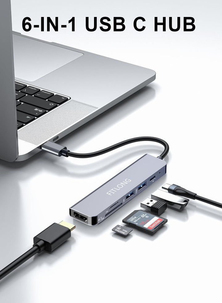 FITLONG USB C Hub, USB C Adapter kompatibel mit MacBook Pro / Air Adapter, 6 in 1 mit 4K HDMI Ausgan