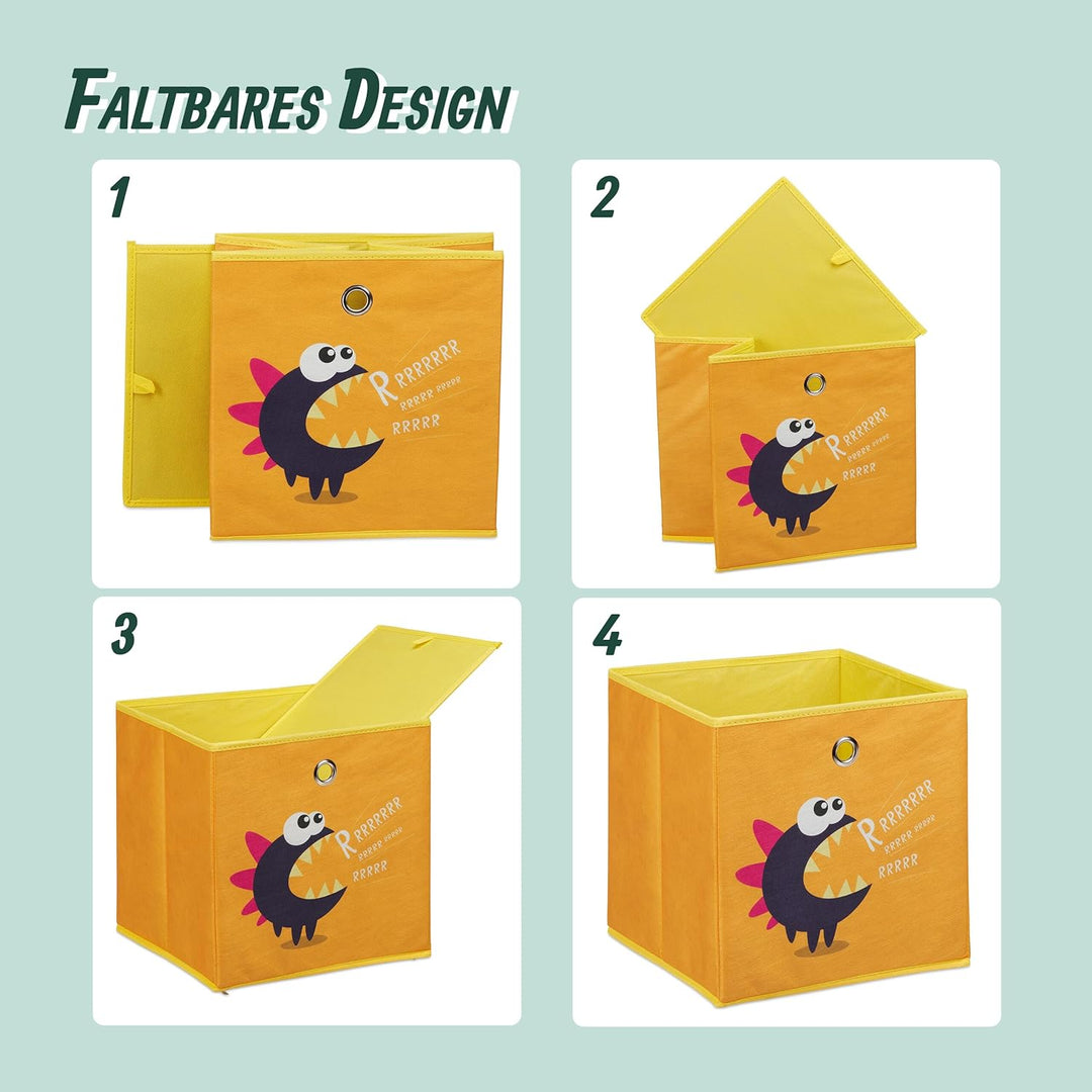 Relaxdays 4er Set, Kinder Aufbewahrungsboxen, süsse Dino-Motive, Faltbox für Würfelregale, HBT: 30x3