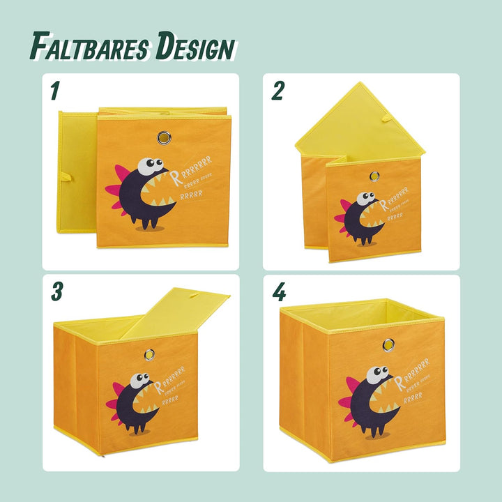 Relaxdays 4er Set, Kinder Aufbewahrungsboxen, süsse Dino-Motive, Faltbox für Würfelregale, HBT: 30x3