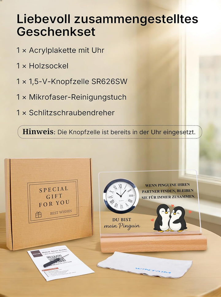 Ich liebe dich Geschenke für Männer &amp; Frauen – Pinguin Acryl-Tischuhr | Jahrestag Geschenk für ihn &amp;