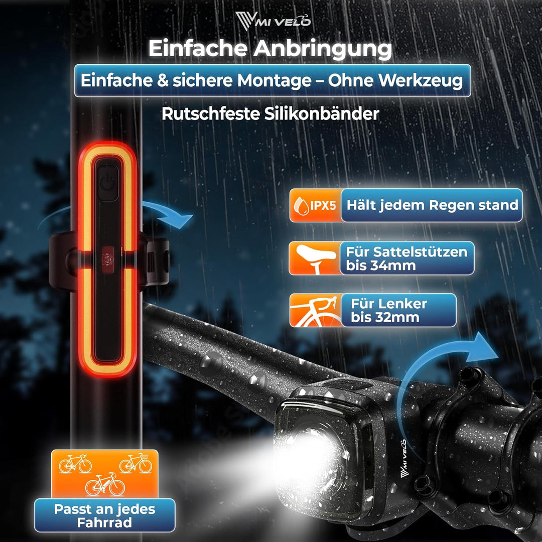 MIVELO Fahrradlicht Set mit Bremsanzeige - Fahrradlampe LED StVZO, IPX5 wasserdicht - Fahrradbeleuch