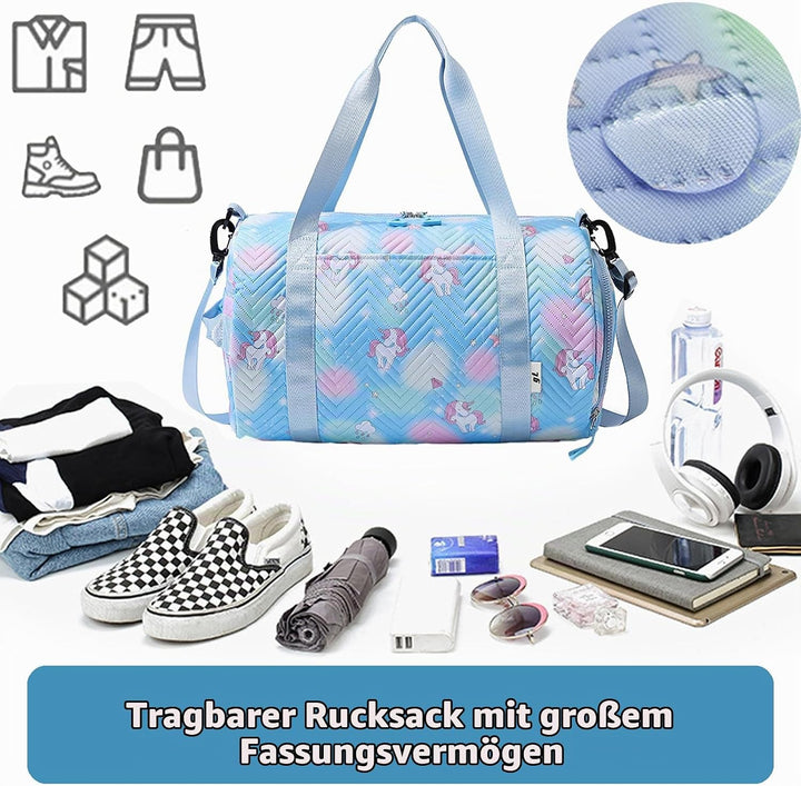 YOUYIKE Sporttasche Mädchen, Einhorn Yogatasche, Reisetasche Kinder, Schwimmtasche, Wasserdicht Turn