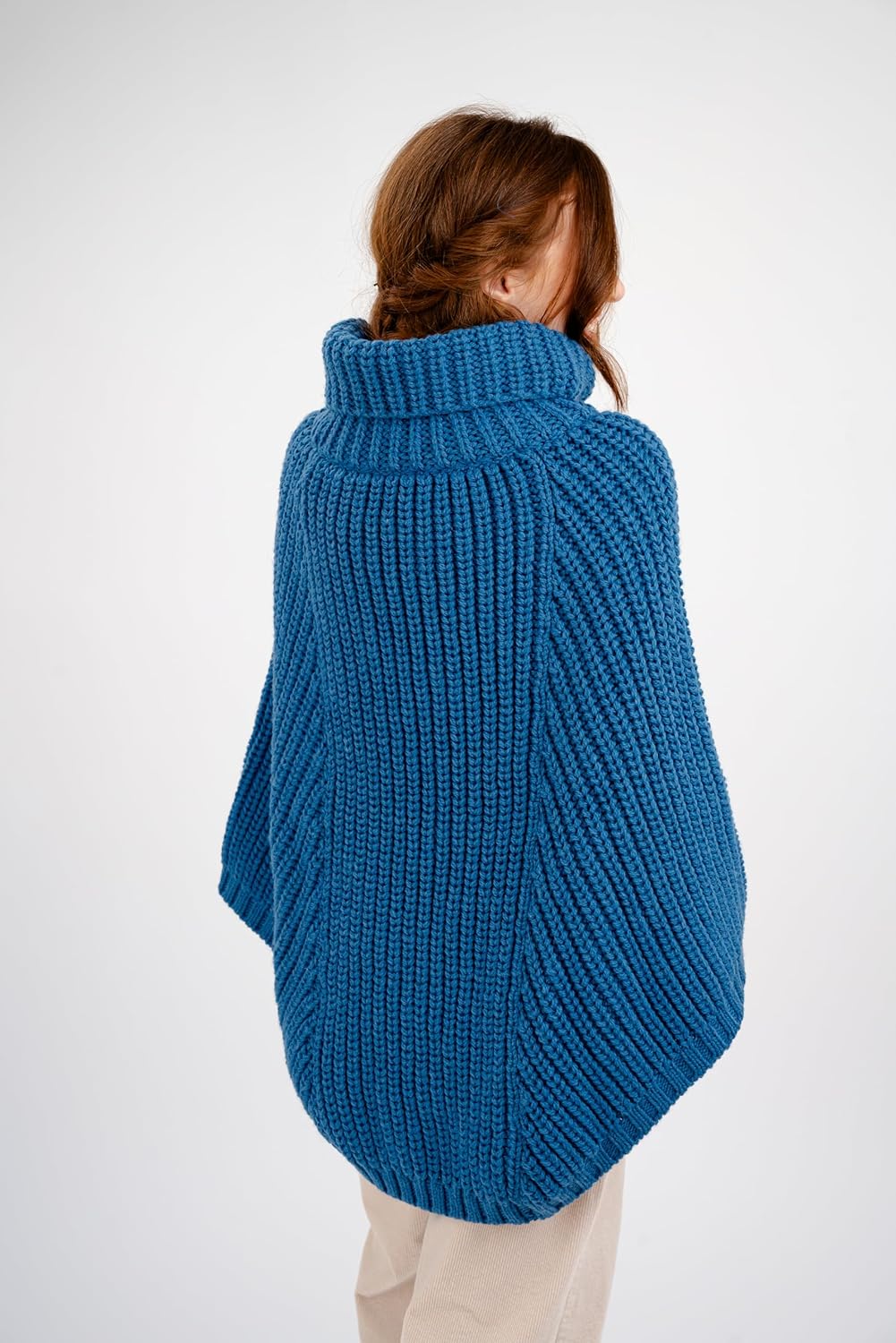 SAOL Damen Poncho aus 100% Merinowolle mit Zopfmuster für Damen Einheitsgrösse Einheitsgrösse Blaugr