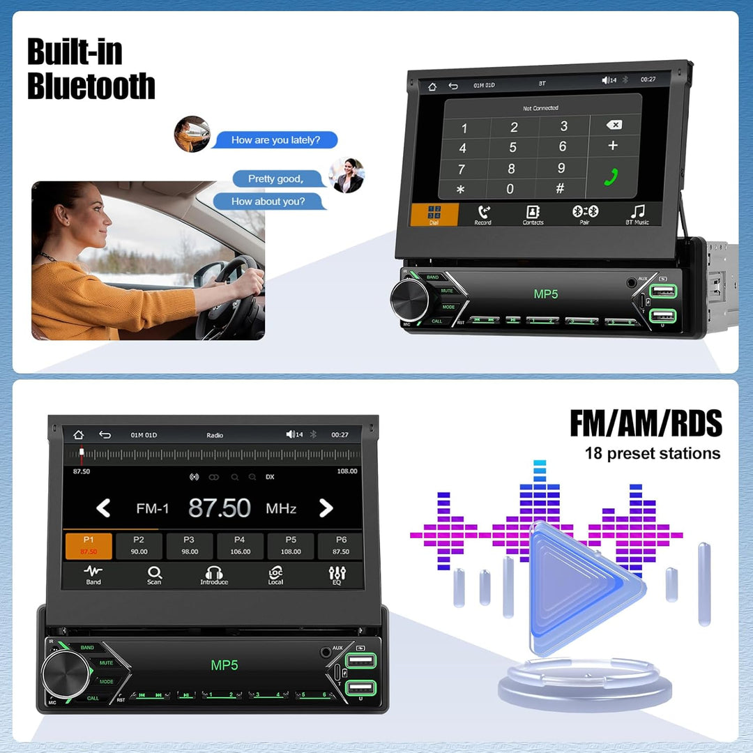 CAMECHO Autoradio 1 Din Wireless Carplay mit HD Rückfahrkamera, 7 Zoll Touchscreen Bluetooth Radio M