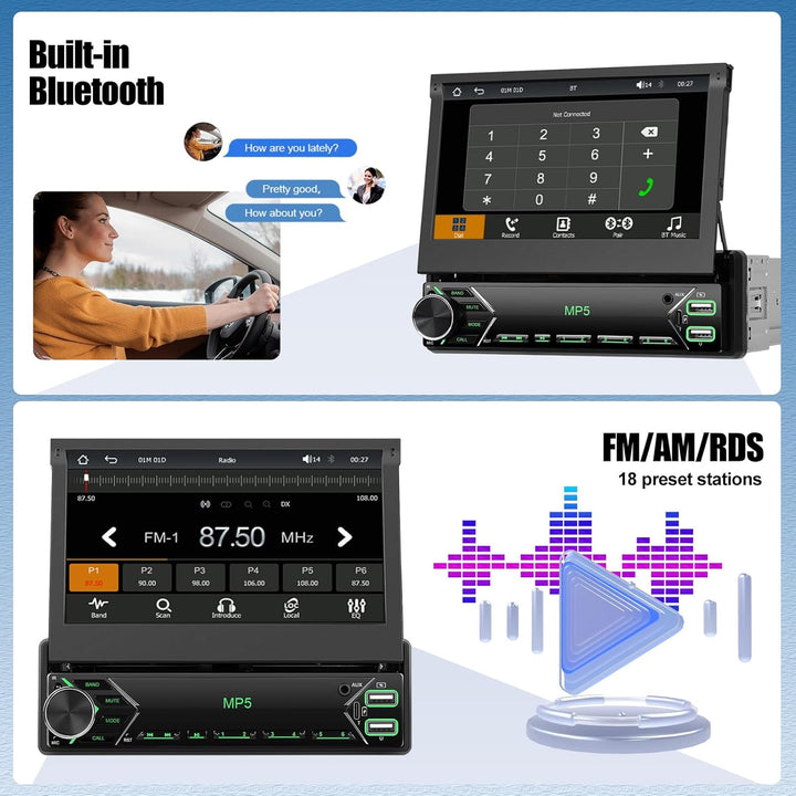 CAMECHO Autoradio 1 Din Wireless Carplay mit HD Rückfahrkamera, 7 Zoll Touchscreen Bluetooth Radio M