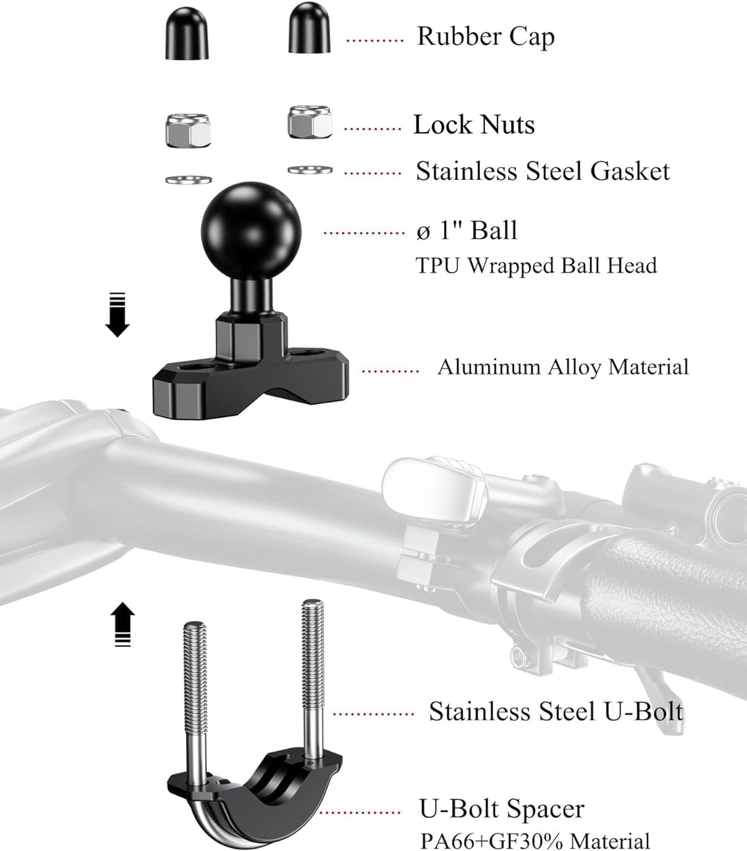 BRCOVAN 2St, Lenker U-Bolzen Montagebasis mit 1 Zoll TPU Kugel für Schienendurchmesser 0,5'' bis 1,2