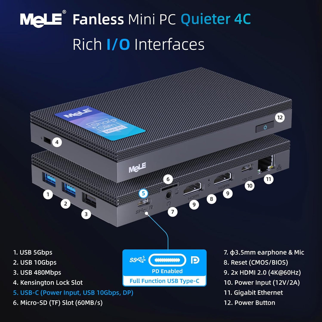 MeLE Quieter4C Lüfterloser Mini PC 8GB DDR4 128GB ROM Micro PC Twin Lake N150(bis zu 3.6GHz) USB-C 2