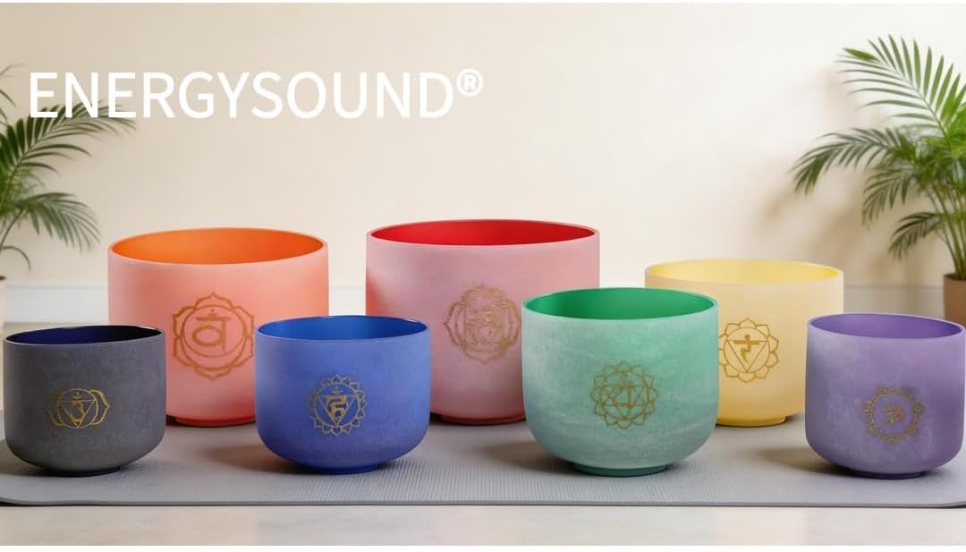ENERGYSOUND 432 Hz 6-12 Inch Coloured Chakra Design Set of 7 Quartz Crystal Singing Bowl Healing & Y