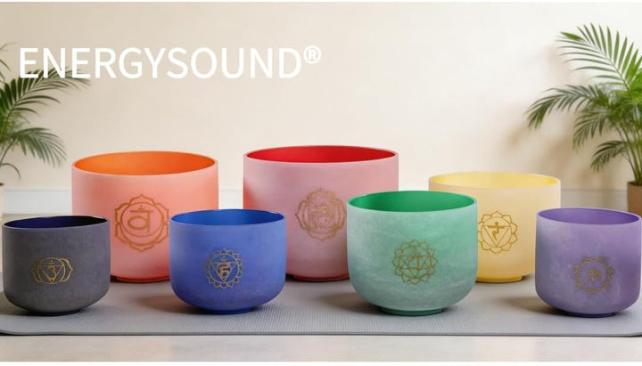 ENERGYSOUND 432 Hz 6-12 Inch Coloured Chakra Design Set of 7 Quartz Crystal Singing Bowl Healing & Y