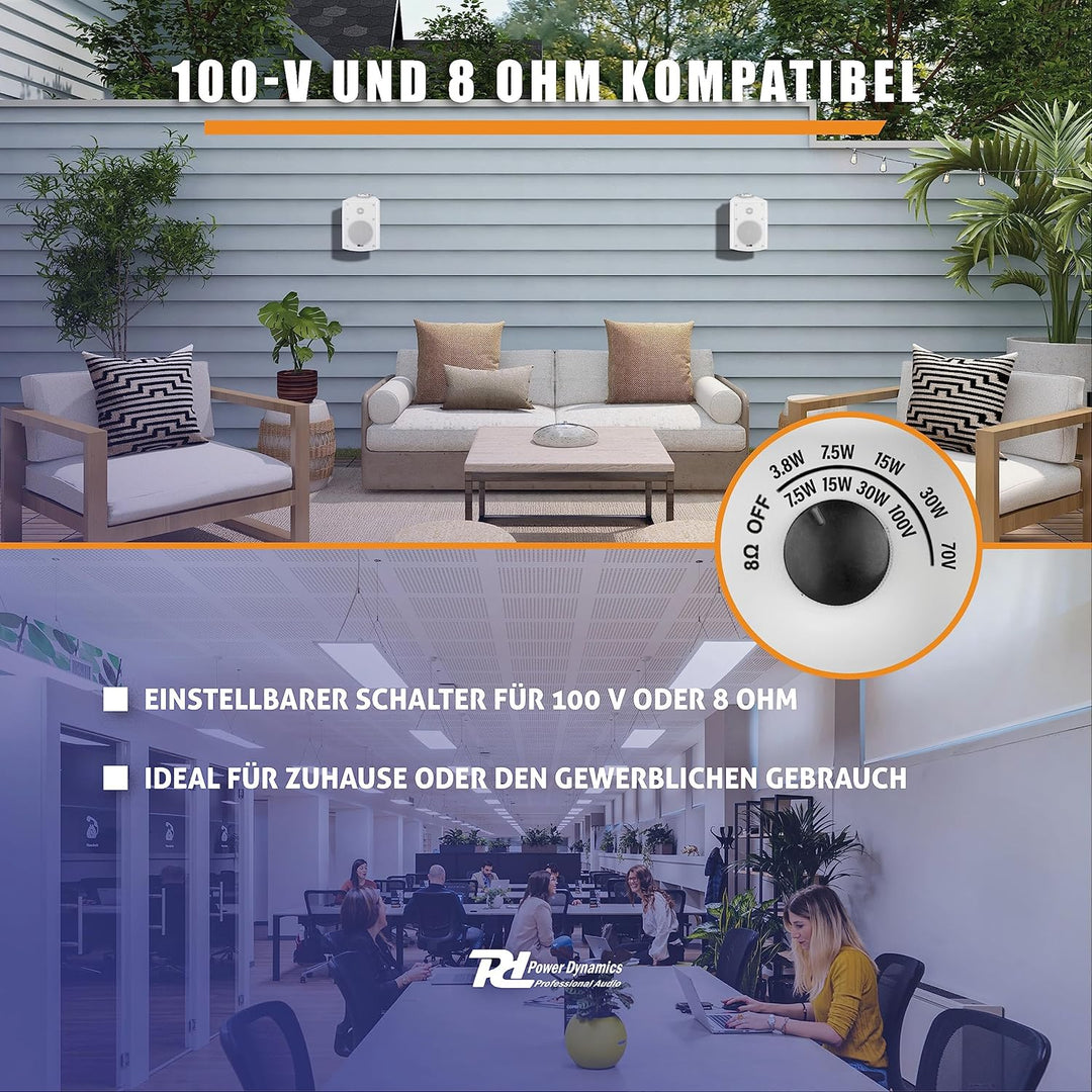 Power Dynamics BC50V Lautsprecher Set 120 Watt, 100 Volt, 8 Ohm Innen- und Aussenlautsprecher, Lauts