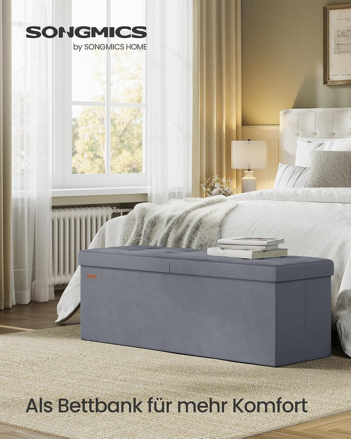 SONGMICS Sitzbank mit Stauraum, klappbare Sitztruhe, 38 x 110 x 38 cm | Aufbewahrungsbox, Deckel kla