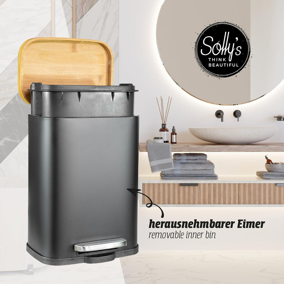 Solly´s 5L Kosmetikeimer mit Bambus Deckel, Bad Treteimer mit Absenkautomatik, pulverbeschichtet, ru