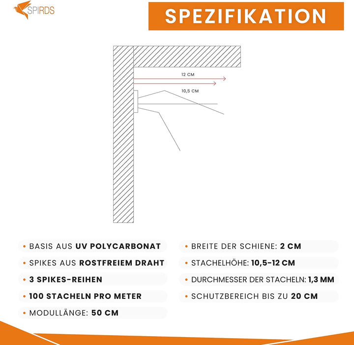 SPIRDS 3 Meter Schwalbenabwehr Dichte Stacheln Vogelabwehr-Spikes Schutz vom Balkon Fensterbank Sims