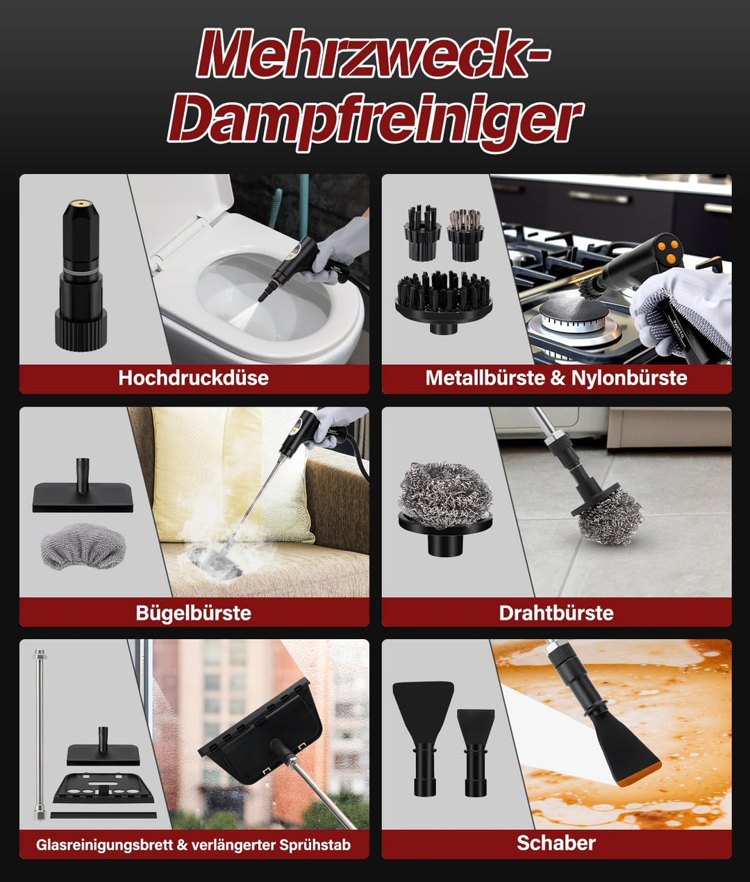 Dampfreiniger multifunktional für den Heimgebrauch, 1200 ml Wassertank, LCD-Display und verstellbare