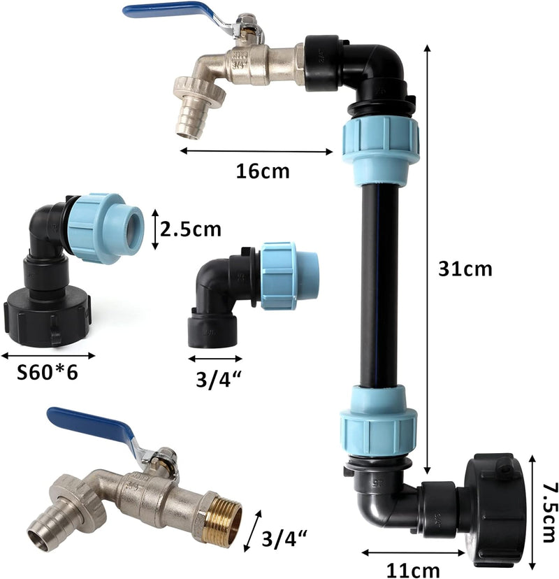 IBC Adapter mit Schwanenhals Messing Wasserhahn, S60x6 Wasserhahn Absperrhahn 3/4 Zoll für 1000L Reg