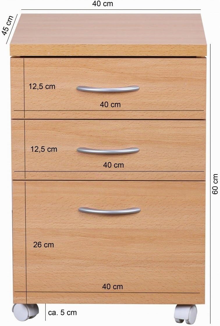 Moderner Büro Rollcontainer in Buche, 60 cm, mit 3 Schubladen, elegante Aluminiumgriffe, praktische