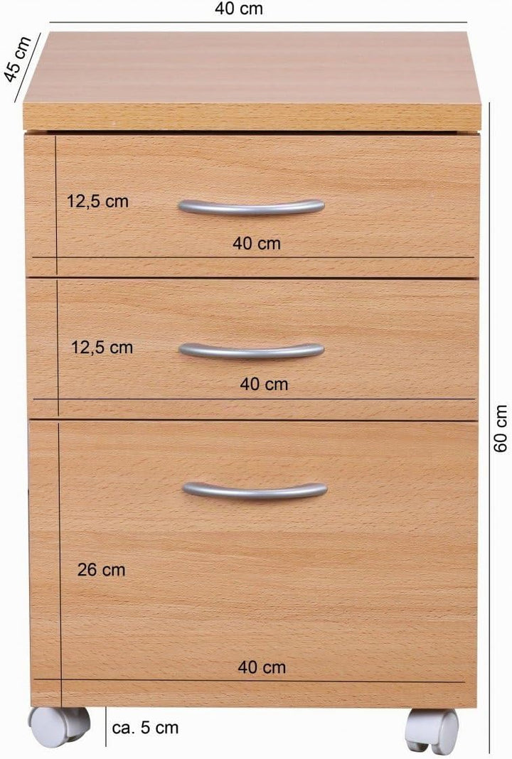 Moderner Büro Rollcontainer in Buche, 60 cm, mit 3 Schubladen, elegante Aluminiumgriffe, praktische