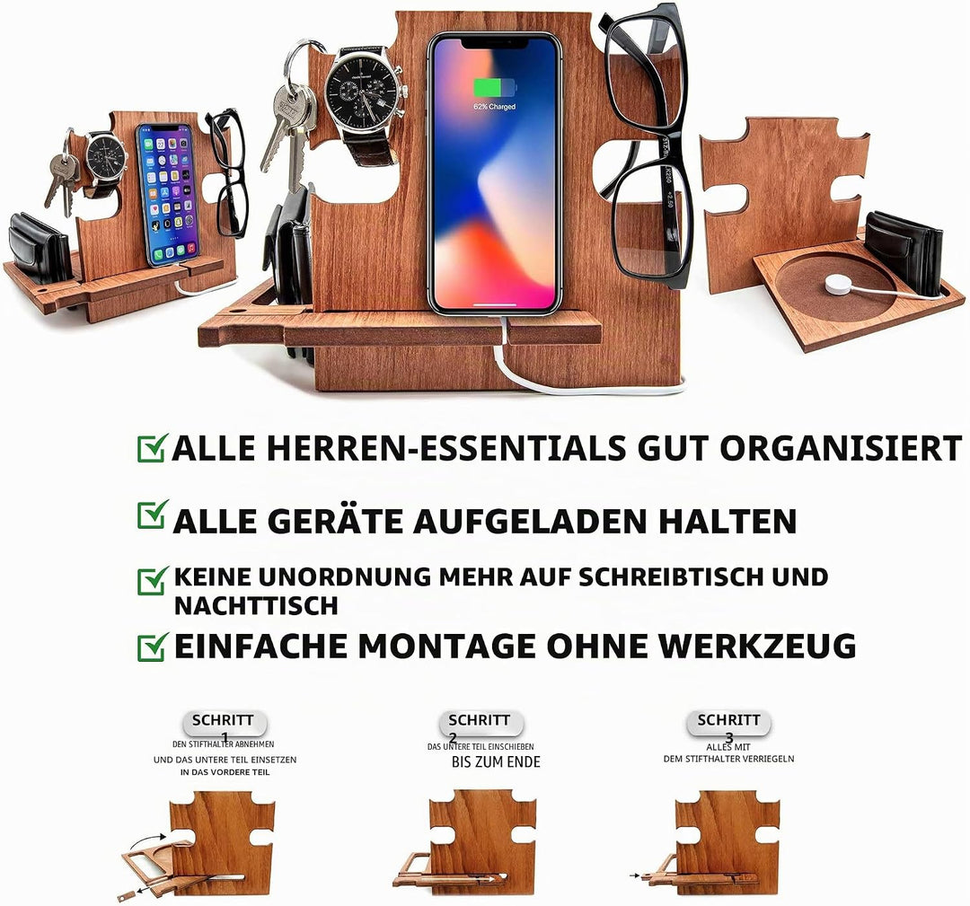 Dockingstation aus Holz, Idee für Männer, Smartphone-Ständer - Nachttischhalter für Ihn, Desk Organi