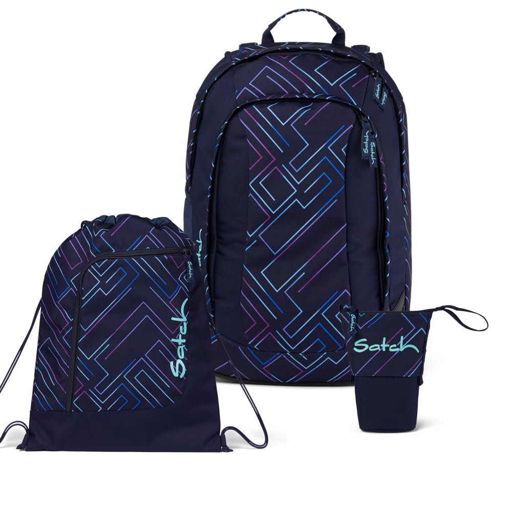 Satch Air Light Edition Schulrucksack Set 3tlg. inkl. Pencil Slider und Sportbeutel Purple Laser, Pu