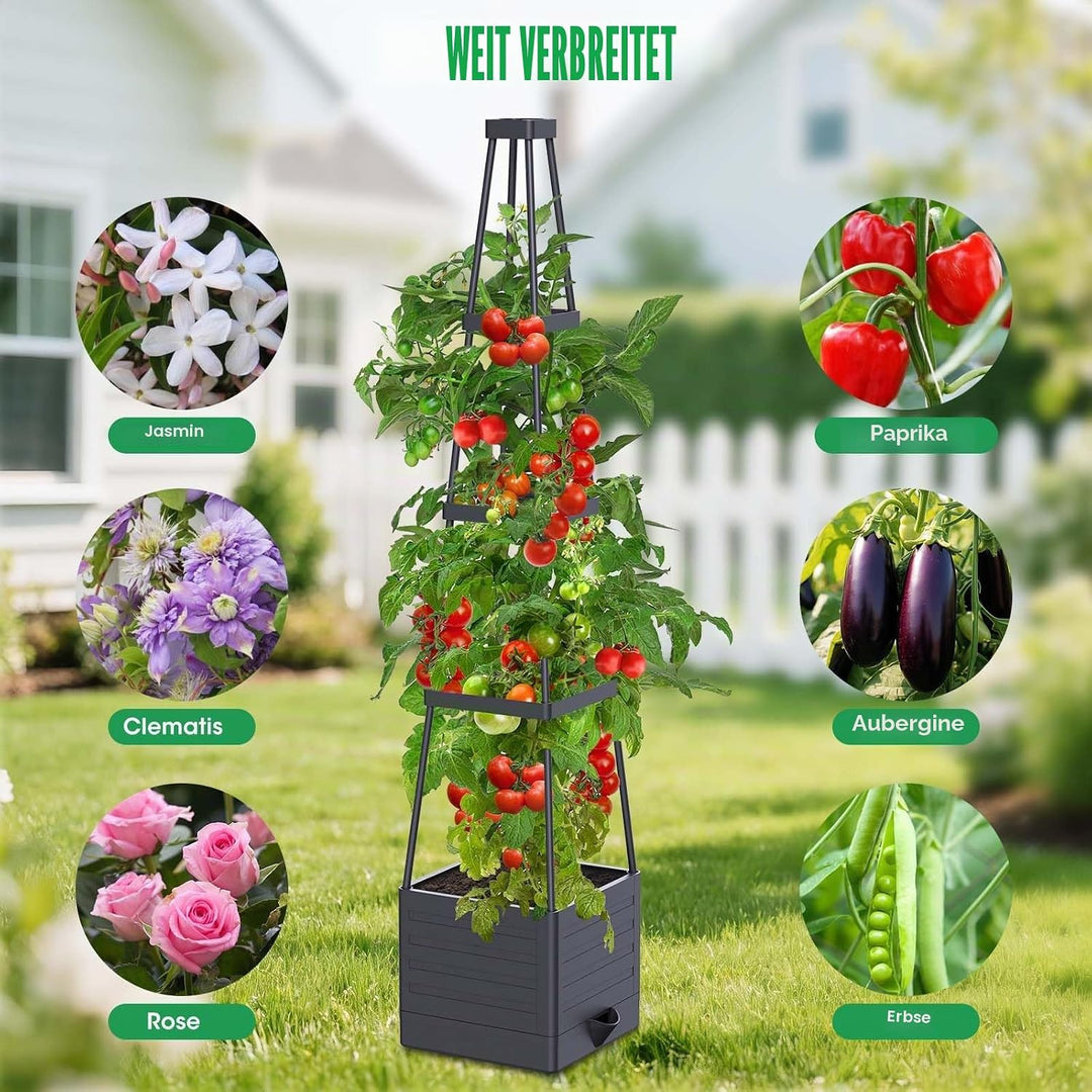 145cmTomatentopf，Selbstbewässernder Tomatentopf mit Rankhilfe，Tomatenkäfig Pflanzgefäss Hochbeet mit