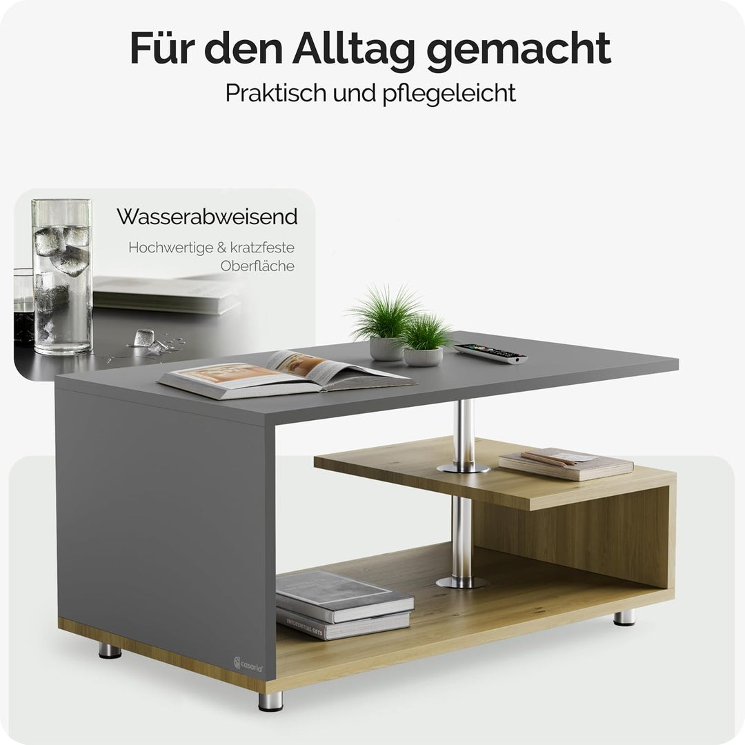 Casaria® Couchtisch Grau Holz Modern mit Stauraum 95x55cm Edelstahl Füsse Rund Höhenverstellbar Abla