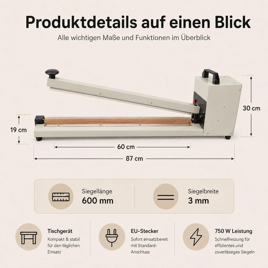Heisssiegelgerät 600 mm Folienschweissgerät Impuls Schweissgerät 3mm Dichtungsbreite Balkenschweissg