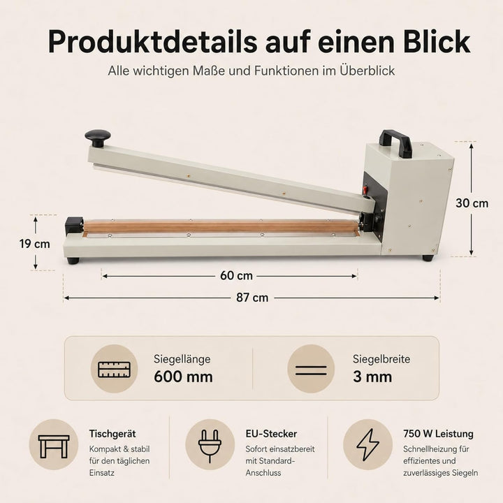 Heisssiegelgerät 600 mm Folienschweissgerät Impuls Schweissgerät 3mm Dichtungsbreite Balkenschweissg
