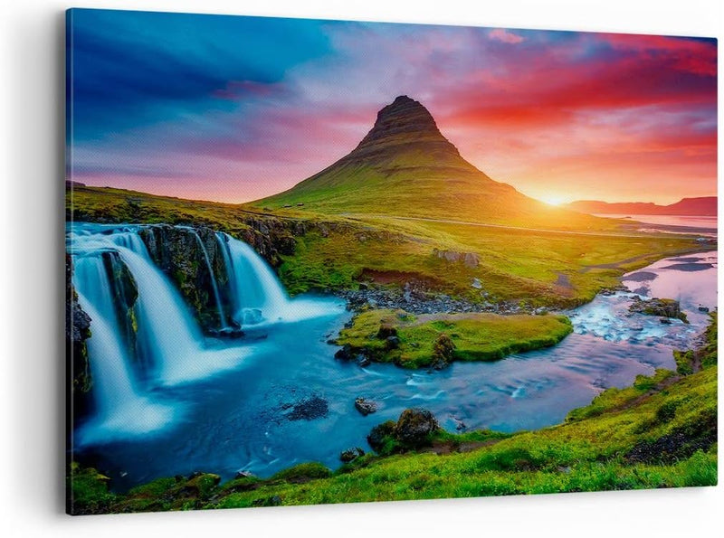 Bilder auf Leinwand 100x70cm Leinwandbild Sonnenuntergang Wasserfall Island Vulkan Gross Wanddeko Bi