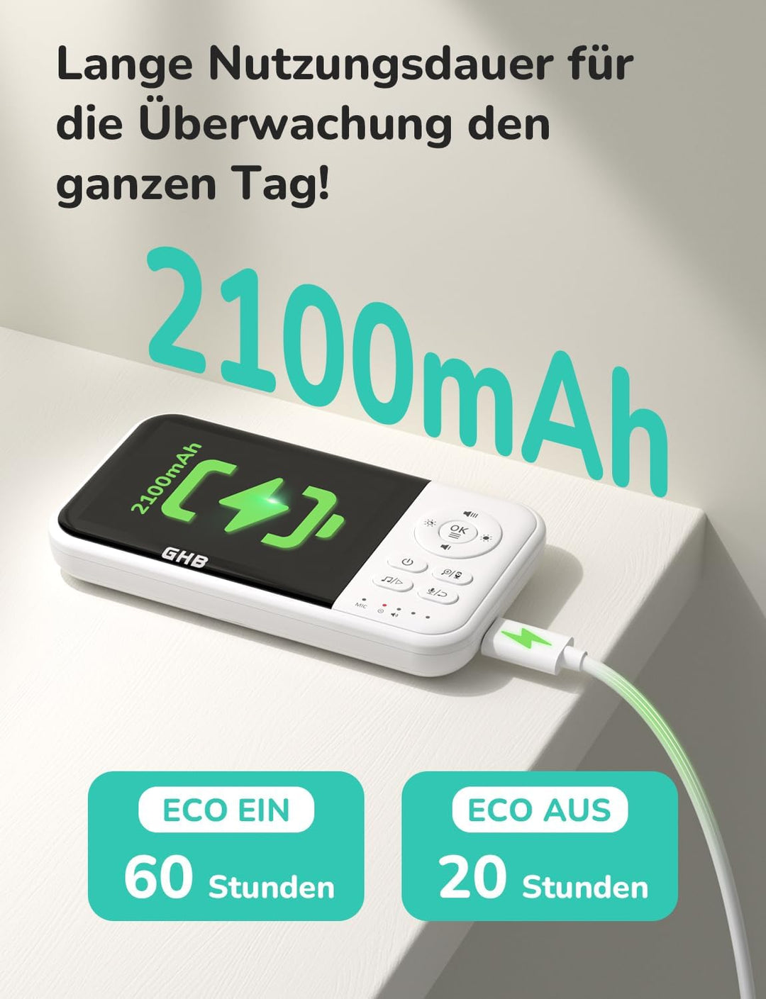 GHB Babyphone mit Kamera Baby Monitor 3,2 Zoll LCD 2100 mAh Akku 2X Zoom Temperatursensor Nachtsicht