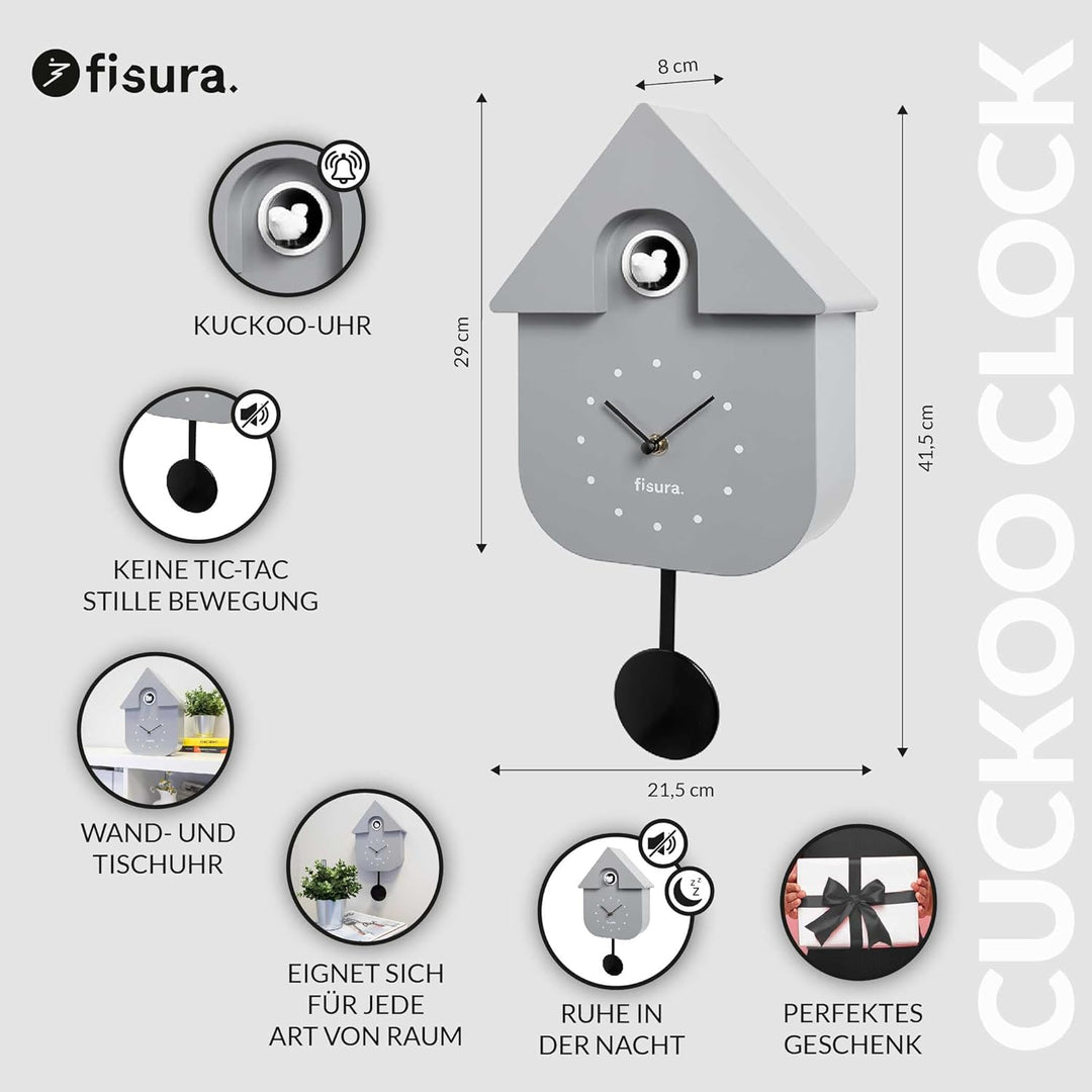 Fisura - Graue Kuckucksuhr mit weissem Zifferblatt. Wanduhr. Originelle Wanduhr als Geschenk. 3 AA-B