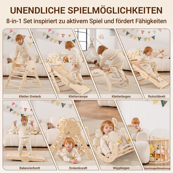 COSYLAND Klettergerüst Indoor L – Grosses Kletterdreieck Set mit Kletterbogen & Rutsche – 8-in-1 Mas