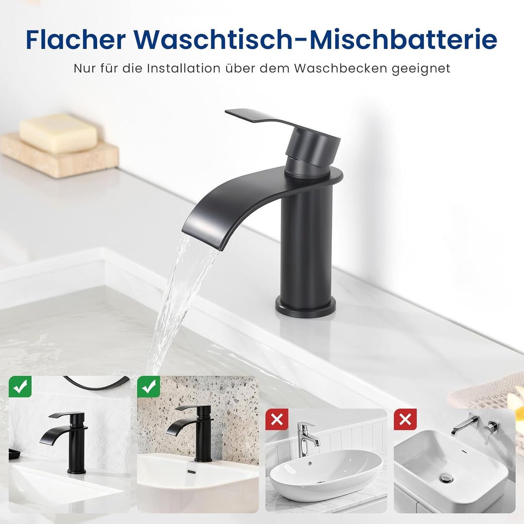 CECIPA Wasserhahn Bad Schwarz, Wasserfall Waschtischarmatur mit Auslauf Höhe 86 MM, Edelstahl Einhan