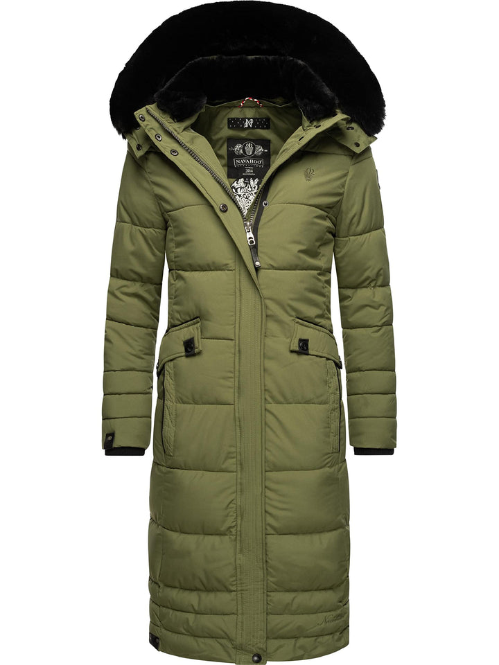 Navahoo Damen Wintermantel Warmer Steppmantel lang mit Abnehmbarer Kapuze Fahmiyaa XS-3XL XS Dusty O