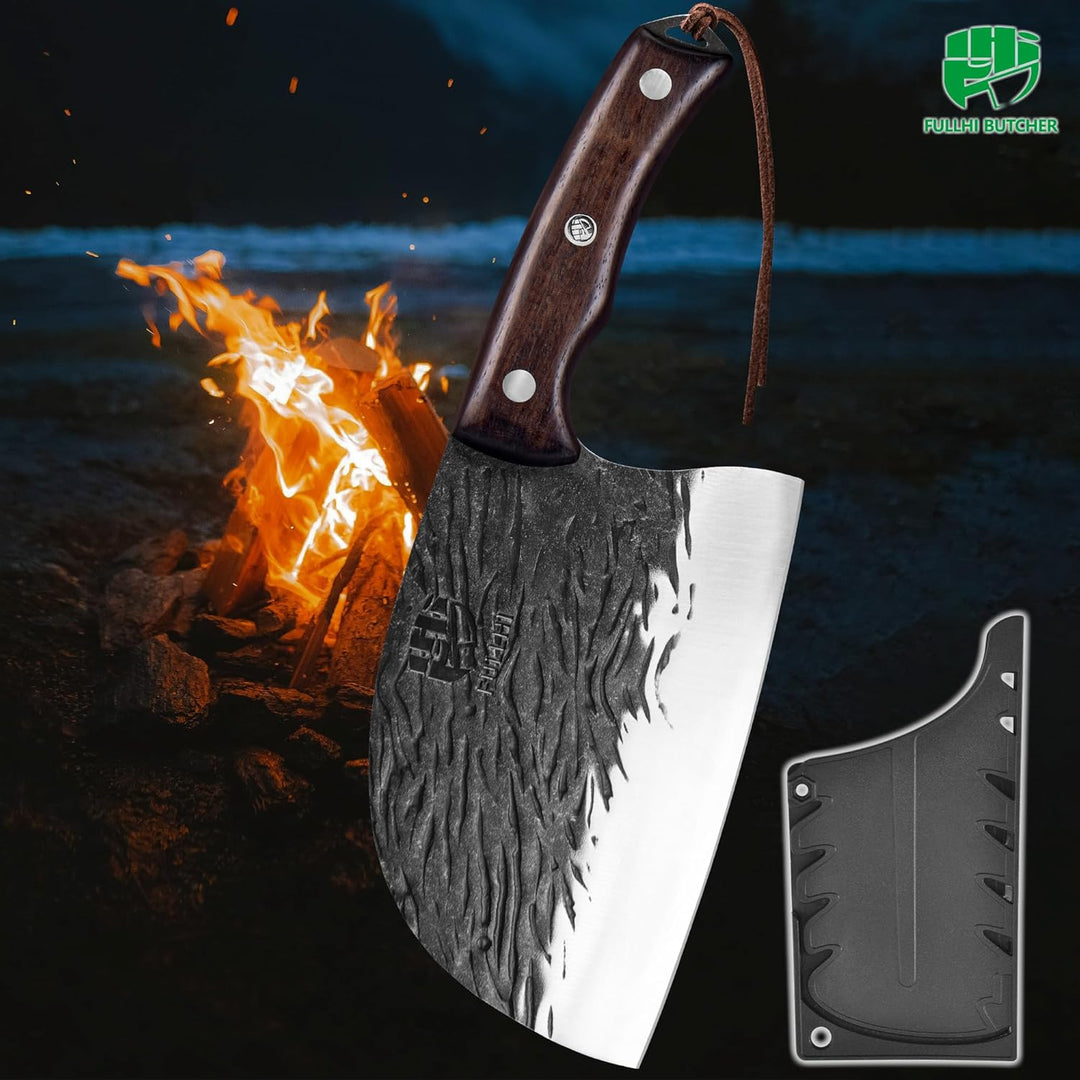 FULLHI Voll-Tang Metzgermesser mit Scheide, serbisches Kochmesser mit hohem Kohlenstoffstahl Fleisch
