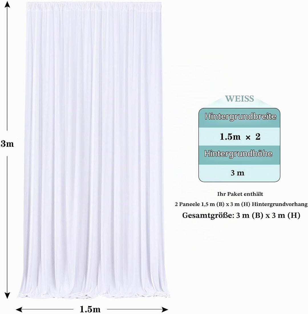 HBBMAGIC 2 Stücke 1,5×3cm Weiss Hintergrund Vorhänge für Hochzeit Party 100% Polyester Falten freie