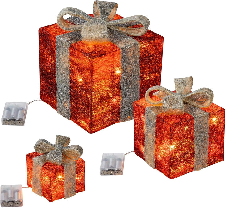 LED Geschenkboxen mit Timer 3er Set - ROT/GRAU - Weihnachts Dekoboxen warm weiss beleuchtet - Weihna