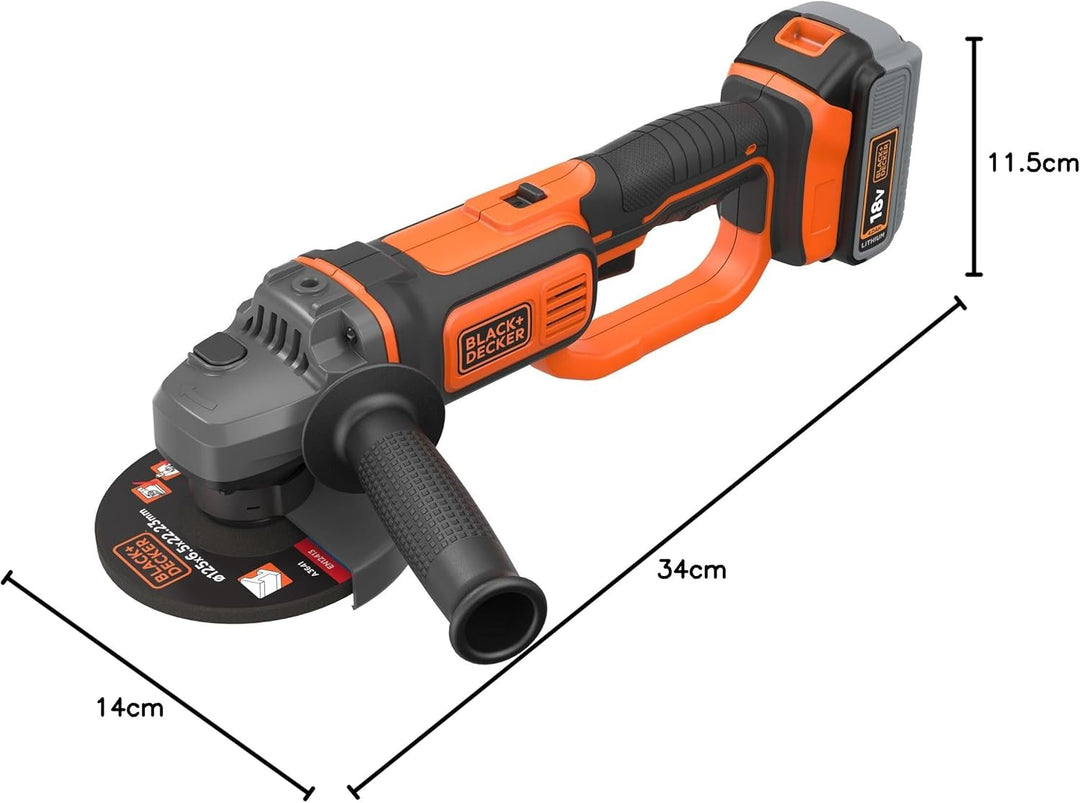 Black+Decker BCG720N Winkelschleifer (18V, 125mm Scheiben-ø, Sanftanlauf, für Trenn, Schleif- &amp; Schr