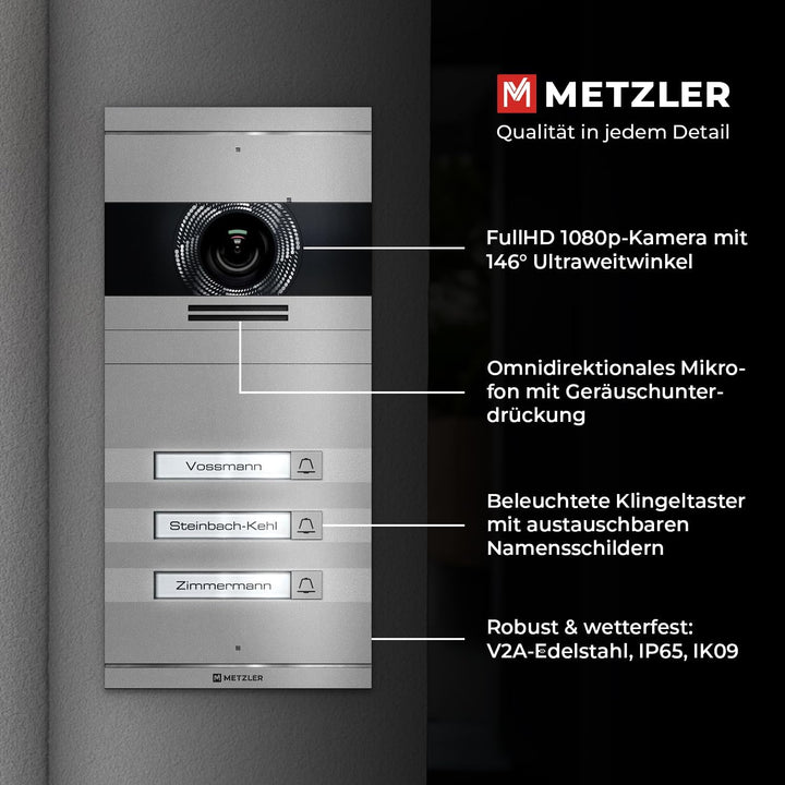 Metzler VDM10 2.0 Video Sprechanlage Komplett Set mit austauschbarem Namensschild - Anschluss 2-Drah