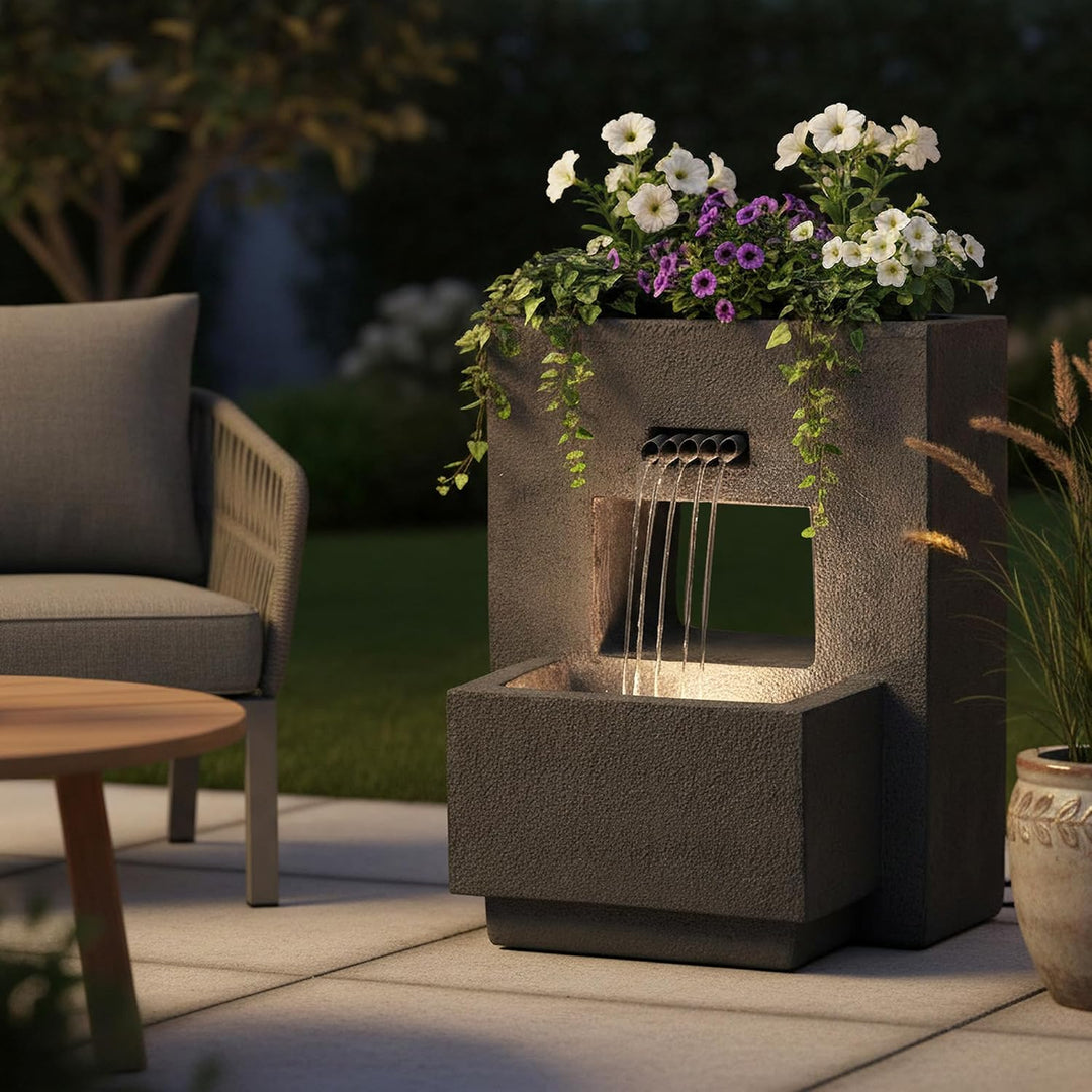 Gartenbrunnen mit Beleuchtung bepflanzbar Betonoptik 57 cm Springbrunnen Wasserspiel warmweiss Kaska