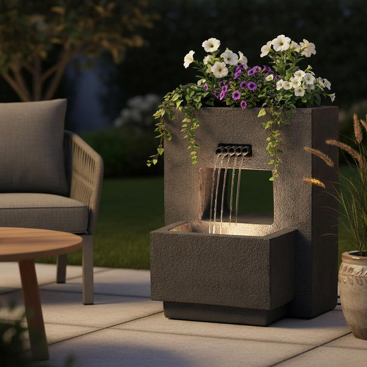 Gartenbrunnen mit Beleuchtung bepflanzbar Betonoptik 57 cm Springbrunnen Wasserspiel warmweiss Kaska