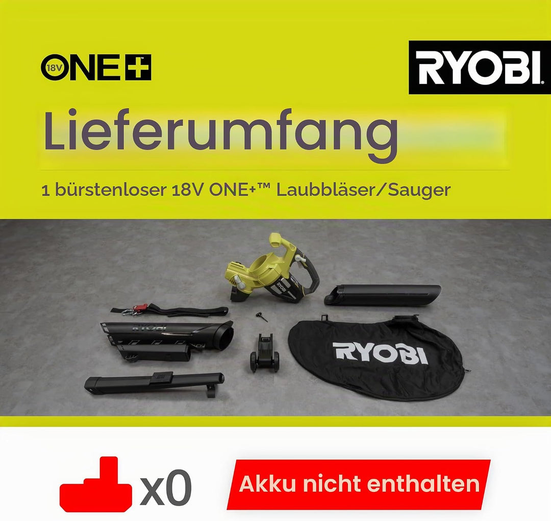RYOBI 18 V ONE+ Brushless Akku-Laubsauger und Laubgebläse OBV18 (Luftmenge 6,0 m³/min, Luftgeschwind